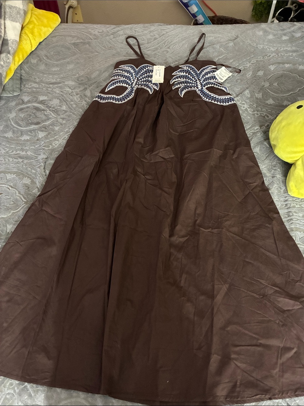 Marshalls Brown Maxi Dress with Blue and White Embroidered Bodice